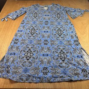 Jessica London Blue Paisley Print Shift Dress 18W Winter Layering Tie Sleeve